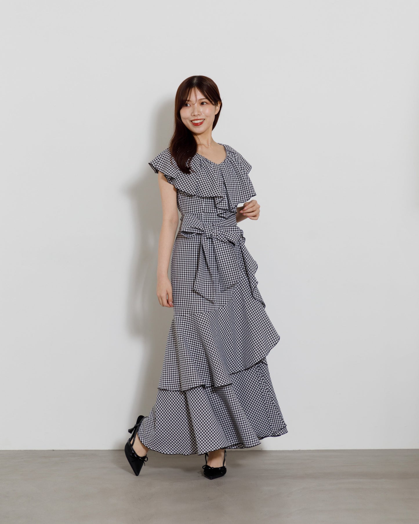 gingham check frill one-piece
