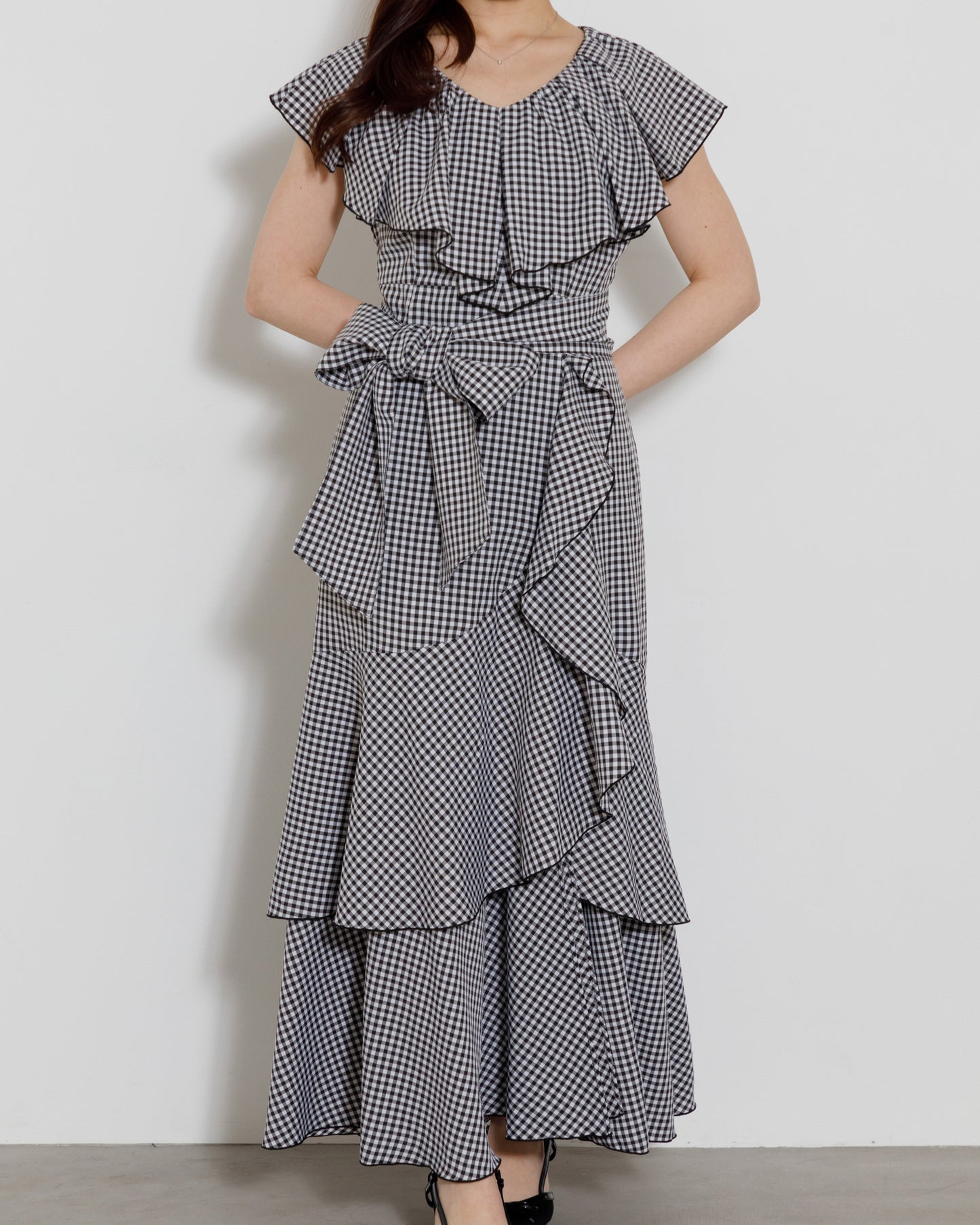 gingham check frill one-piece