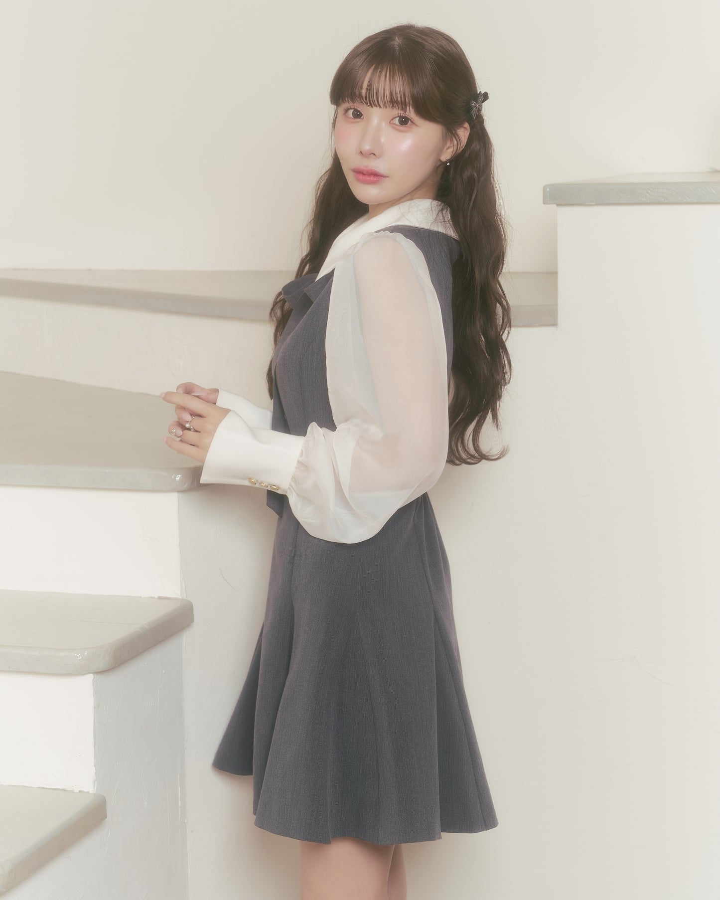 sheer sleeve flare one-piece