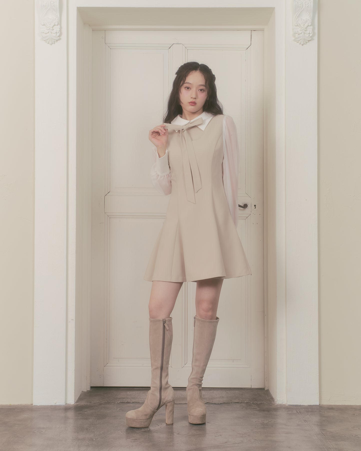 sheer sleeve flare one-piece