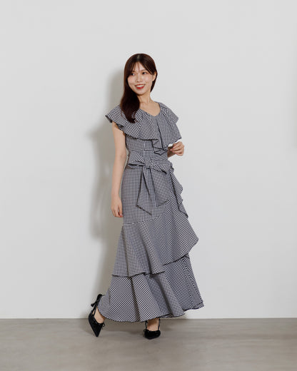 gingham check frill one-piece