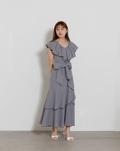 gingham check frill one-piece