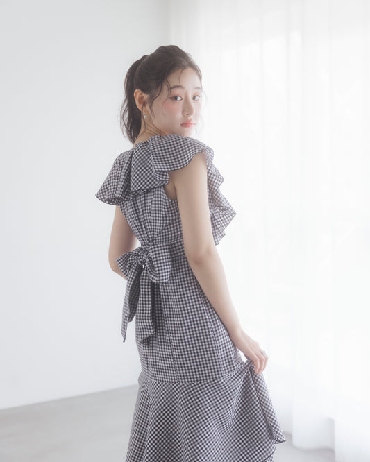 gingham check frill one-piece